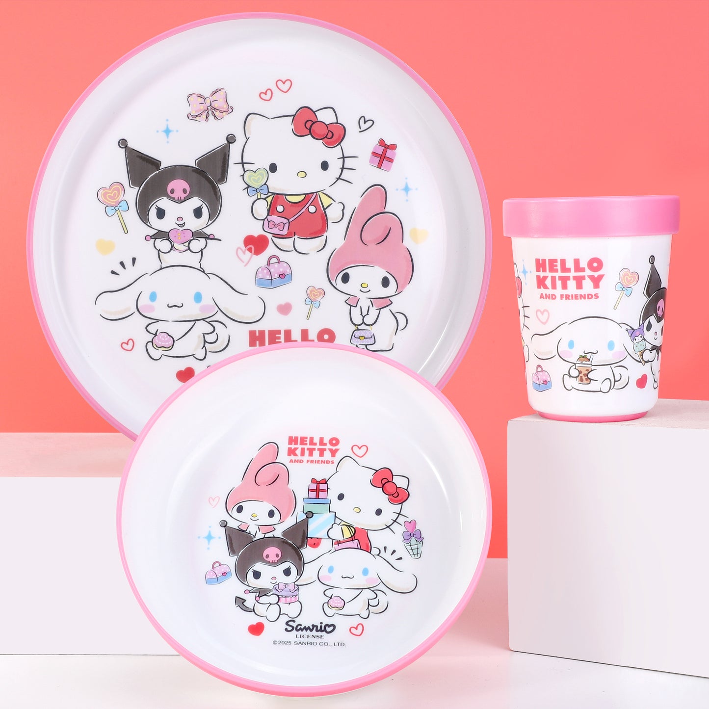 Hello Kitty & Friends 3pcs Bicolor Premium Kids Dinner Tableware Set Plate, Bowl & Tumbler, BPA Free