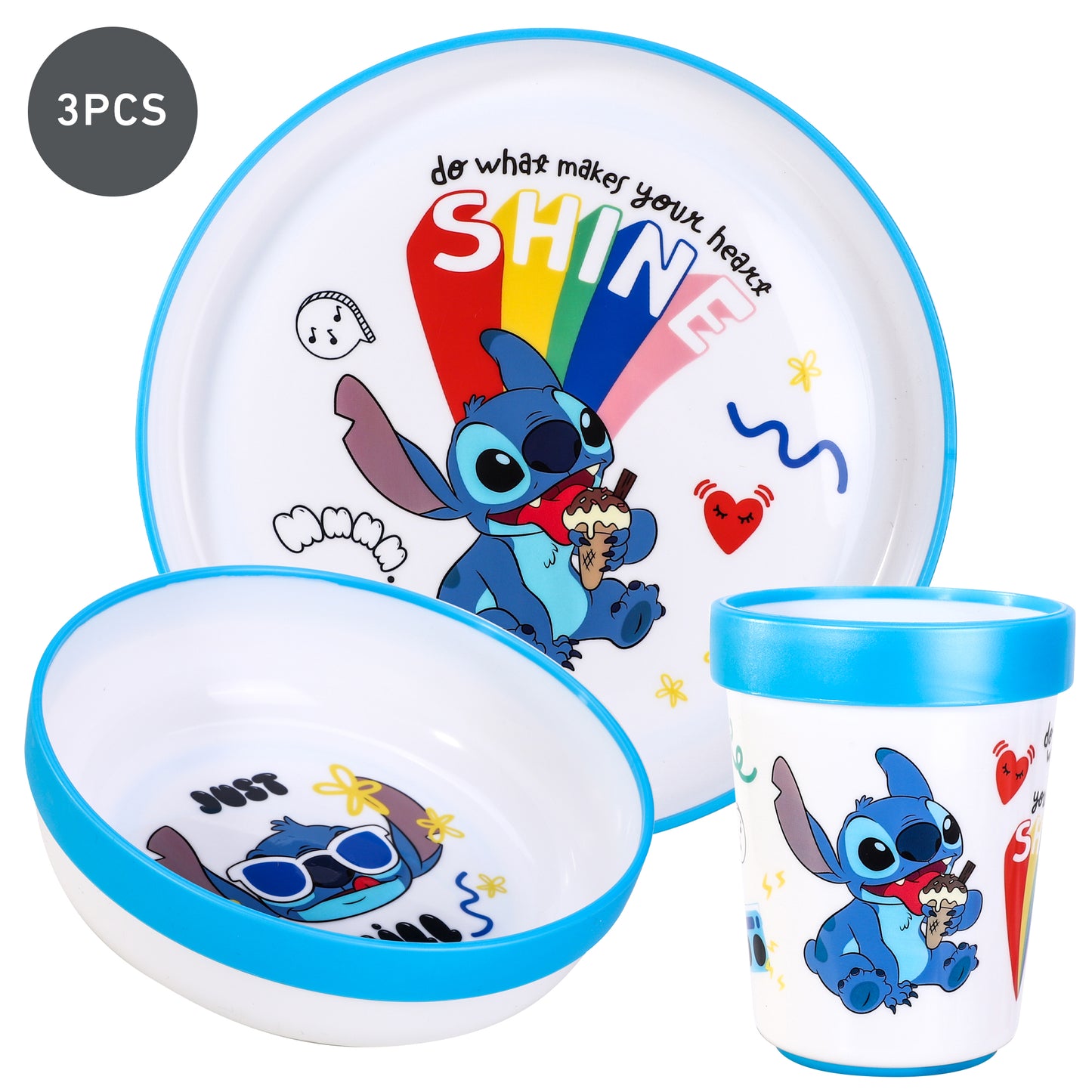 Stitch Island 3pcs Bicolor Premium Kids Dinner Tableware Set Plate, Bowl & Tumbler, BPA Free