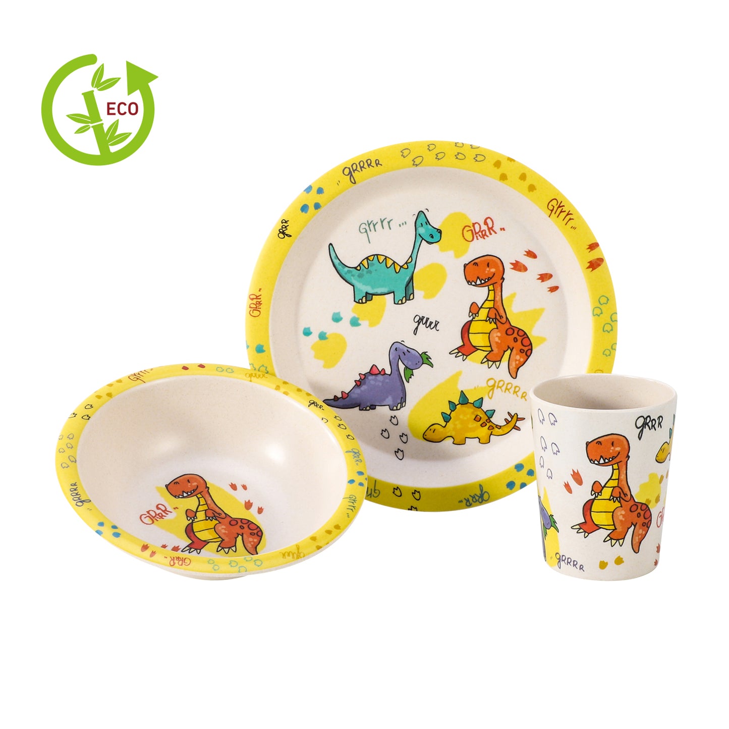 Dinosaurs 3Pcs Wooden Kids - Plate, Bowl and Tumbler Lunch Dinner Set