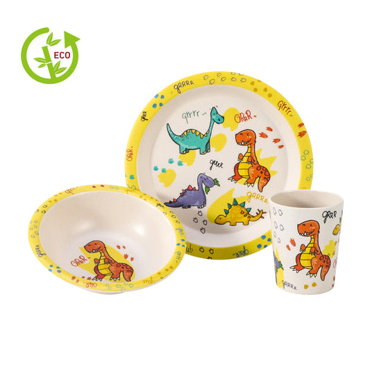 Dinosaurs 3Pcs Wooden Kids - Plate, Bowl and Tumbler Lunch Dinner Set
