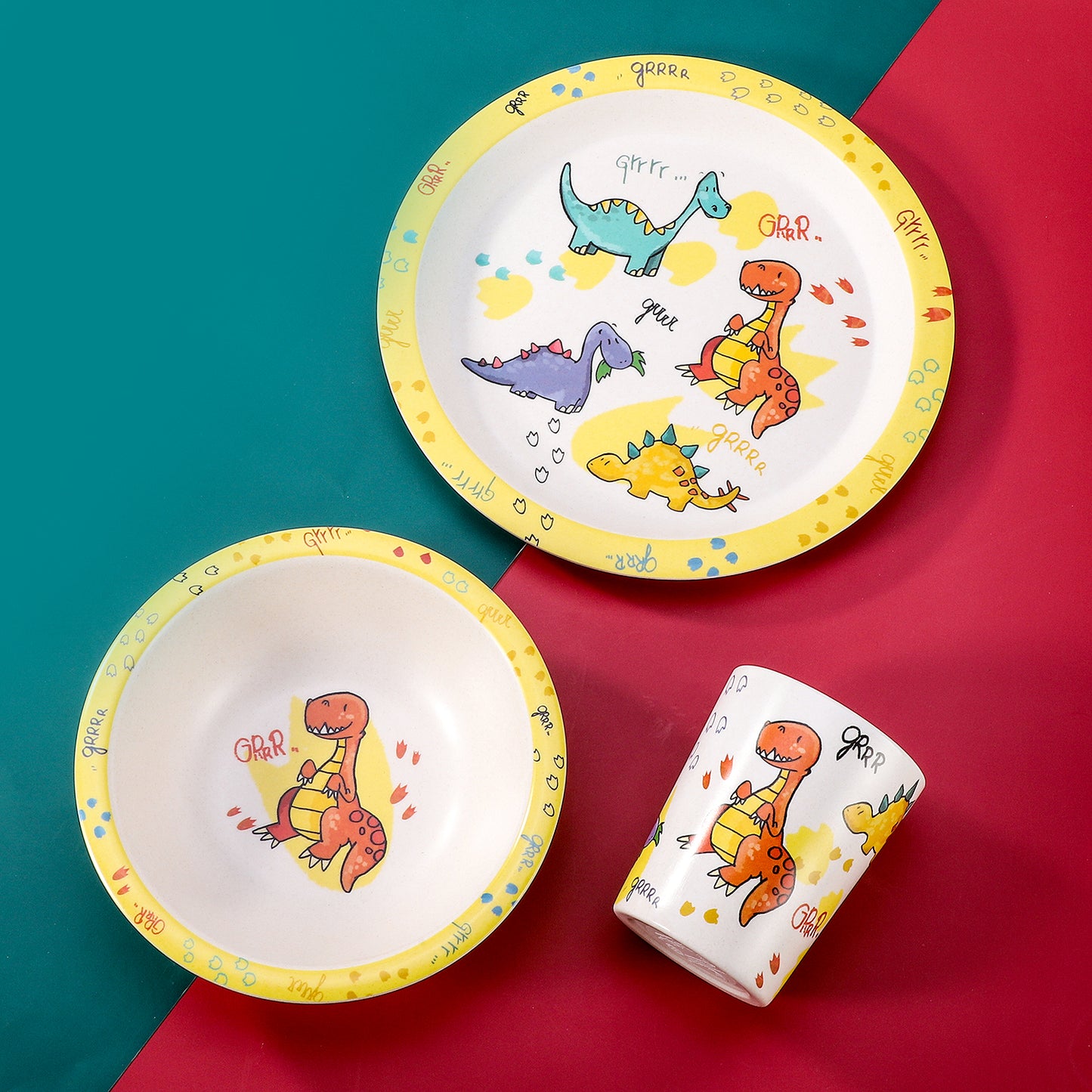 Dinosaurs 3Pcs Wooden Kids - Plate, Bowl and Tumbler Lunch Dinner Set
