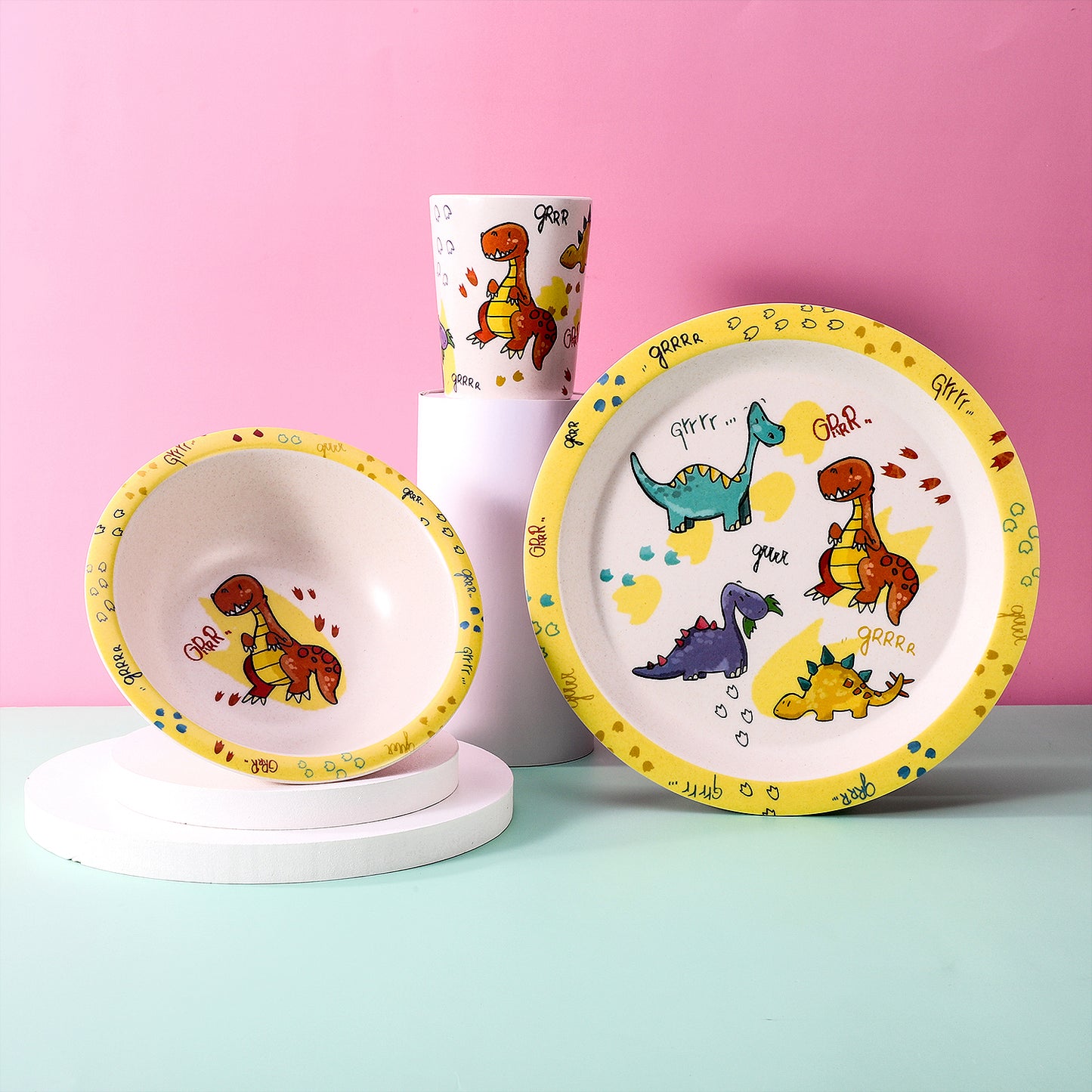 Dinosaurs 3Pcs Wooden Kids - Plate, Bowl and Tumbler Lunch Dinner Set