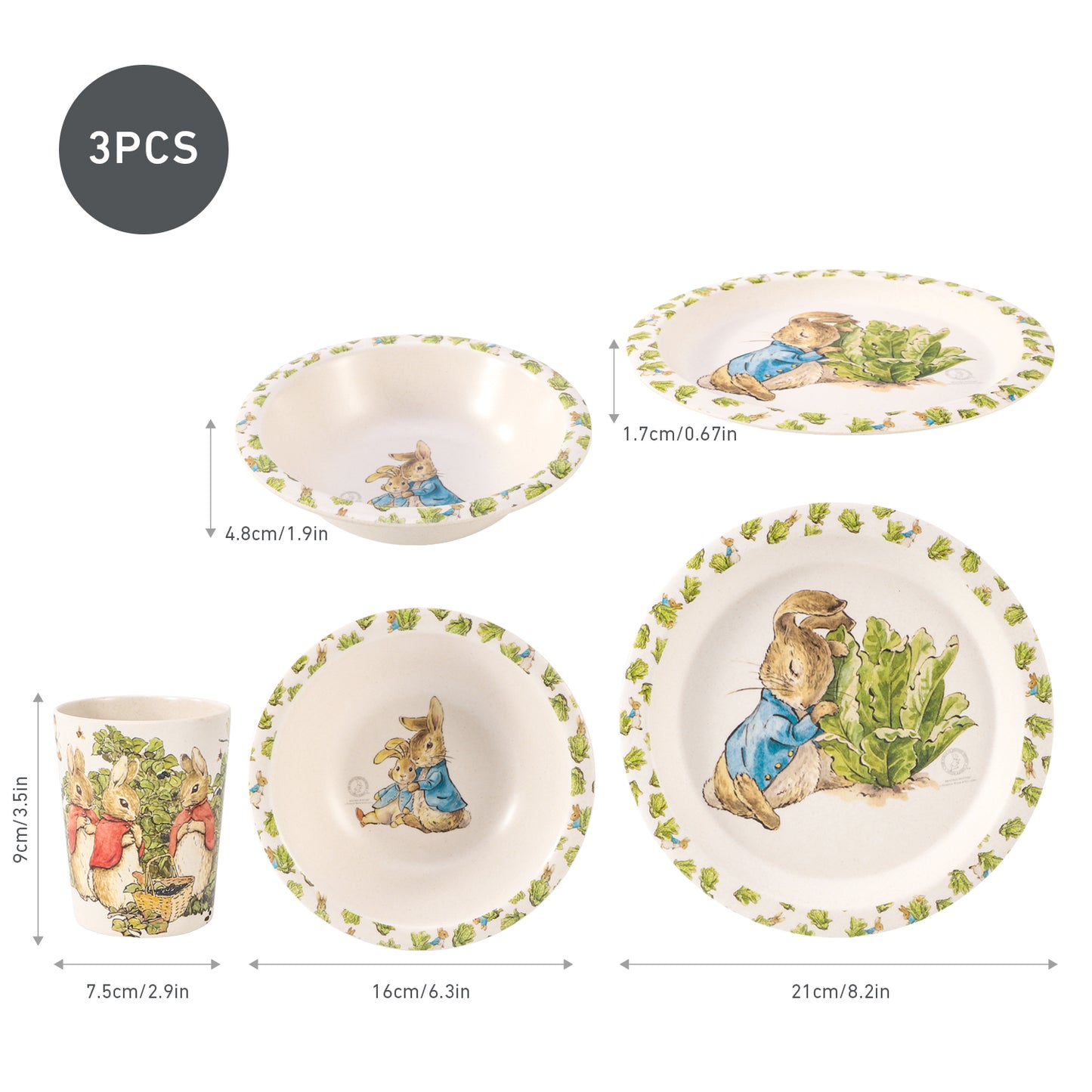 Peter Rabbit 3Pcs Wooden Kids - Plate, Bowl and Tumbler Lunch Dinner Set