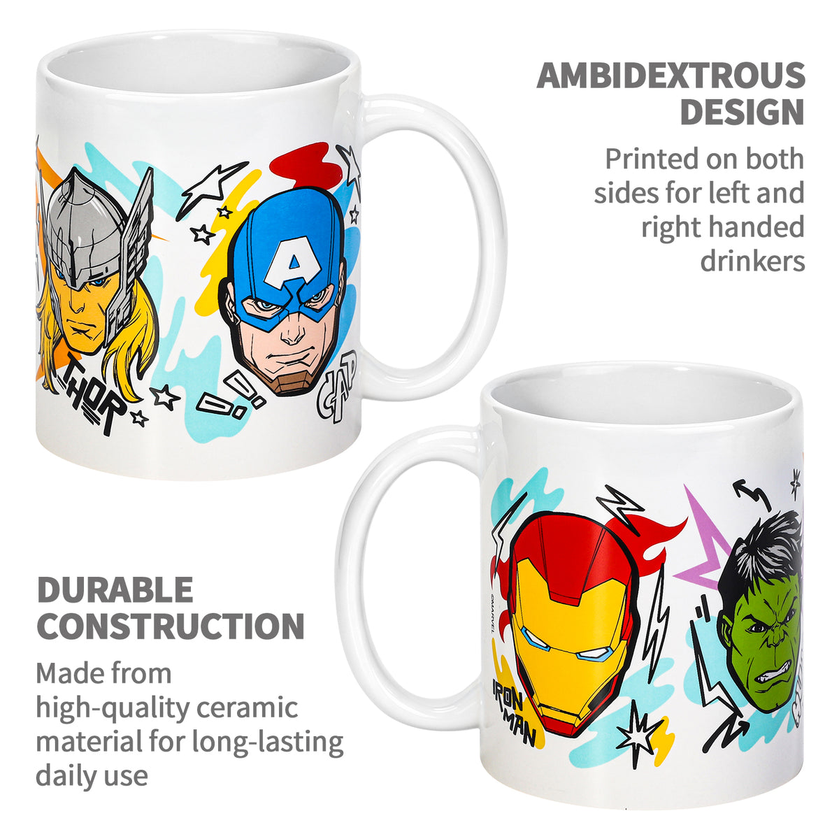 Marvel Avengers 11oz Ceramic Mug – Iron Man, Hulk, Thor & Captain America Coffee Cup, Dishwasher & Microwave Safe, Officially Licensed Gift for Kids & Adults