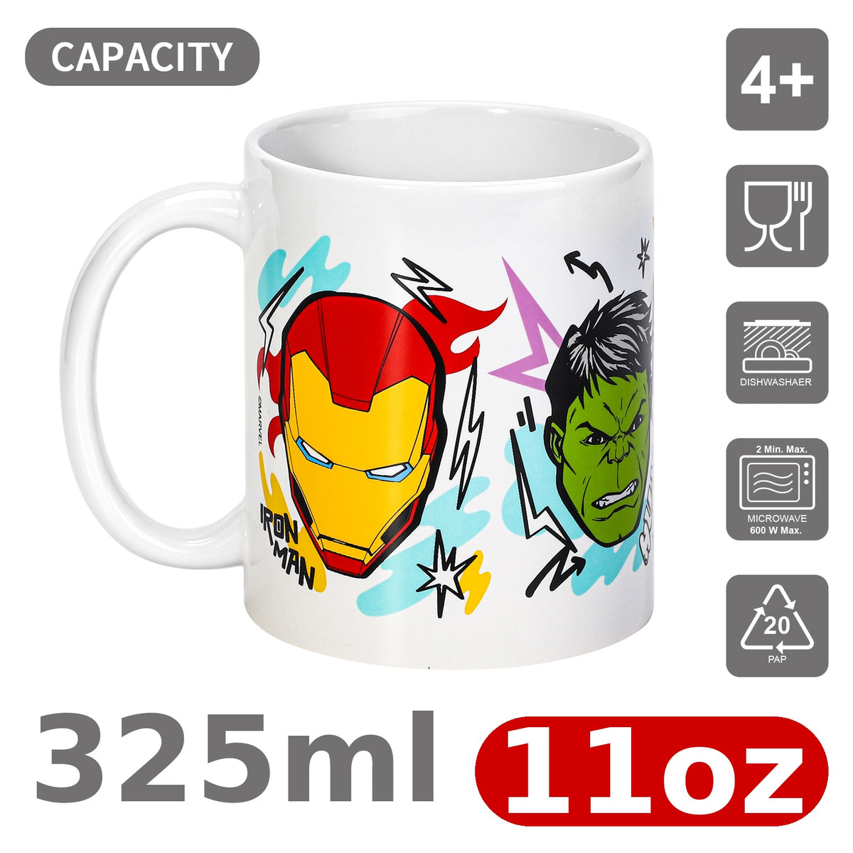 Marvel Avengers 11oz Ceramic Mug – Iron Man, Hulk, Thor & Captain America Coffee Cup, Dishwasher & Microwave Safe, Officially Licensed Gift for Kids & Adults