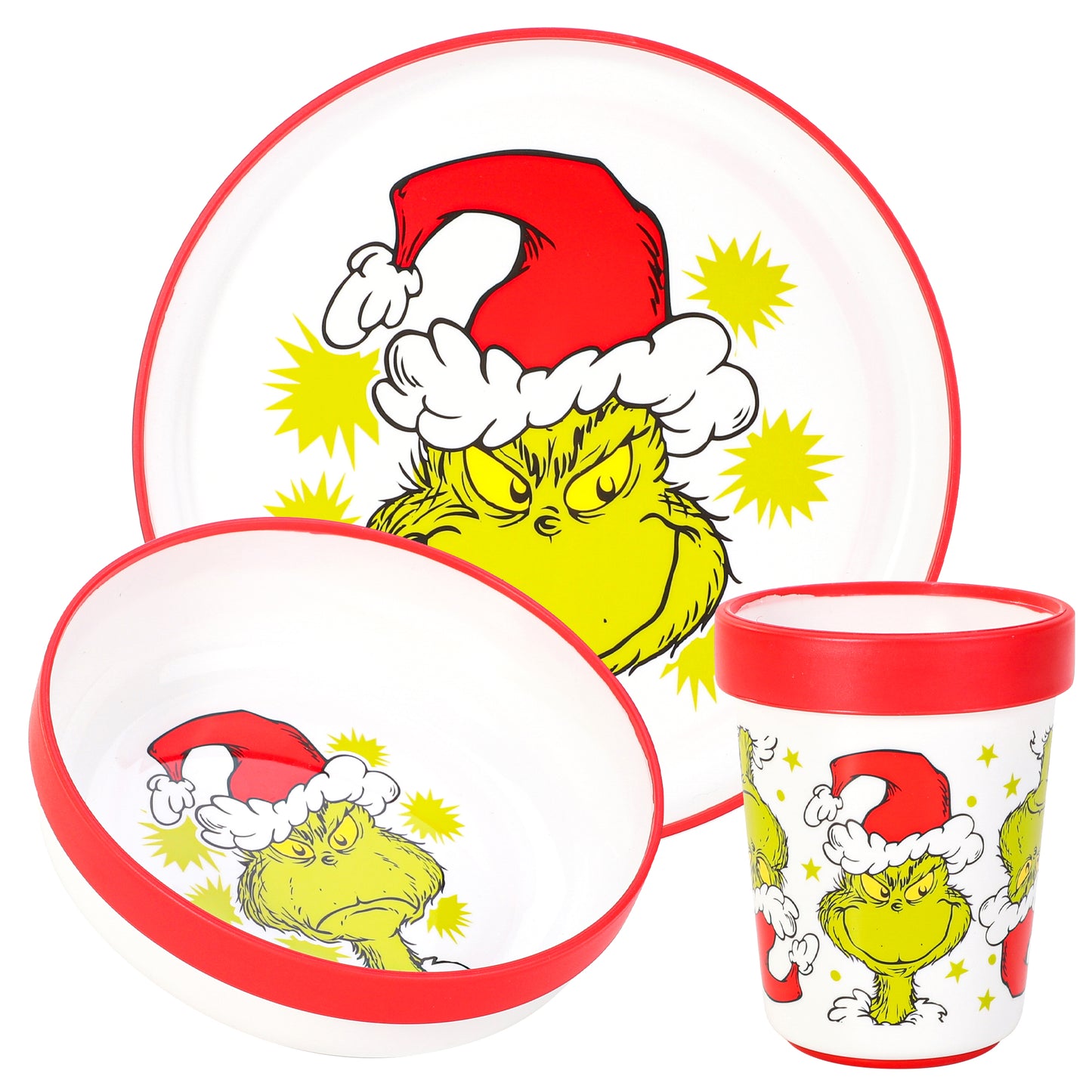 The Grinch 3pcs Reusable Bicolor Premium Kids Dinner Tableware Set Plate, Bowl & Tumbler, BPA Free