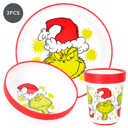 The Grinch 3pcs Reusable Bicolor Premium Kids Dinner Tableware Set Plate, Bowl & Tumbler, BPA Free