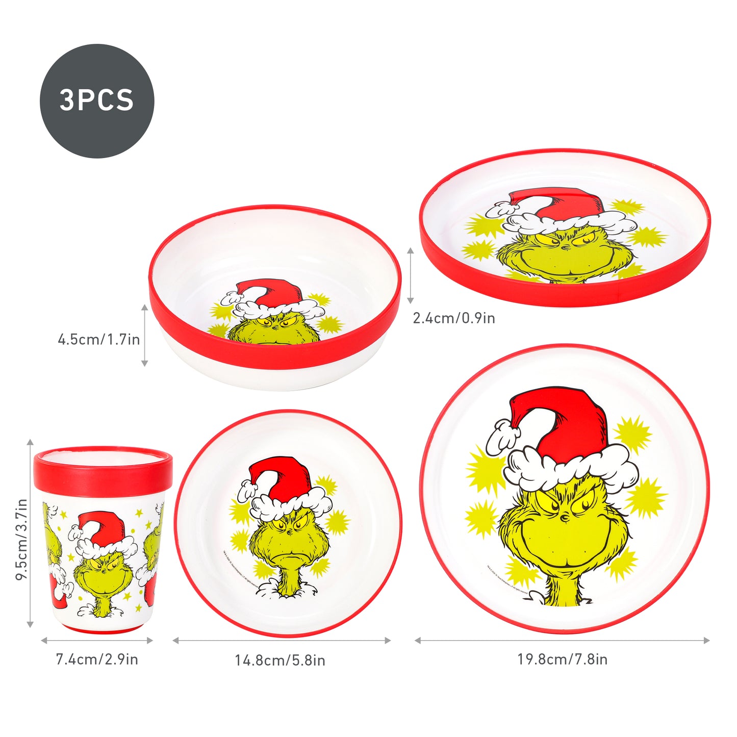 The Grinch 3pcs Reusable Bicolor Premium Kids Dinner Tableware Set Plate, Bowl & Tumbler, BPA Free