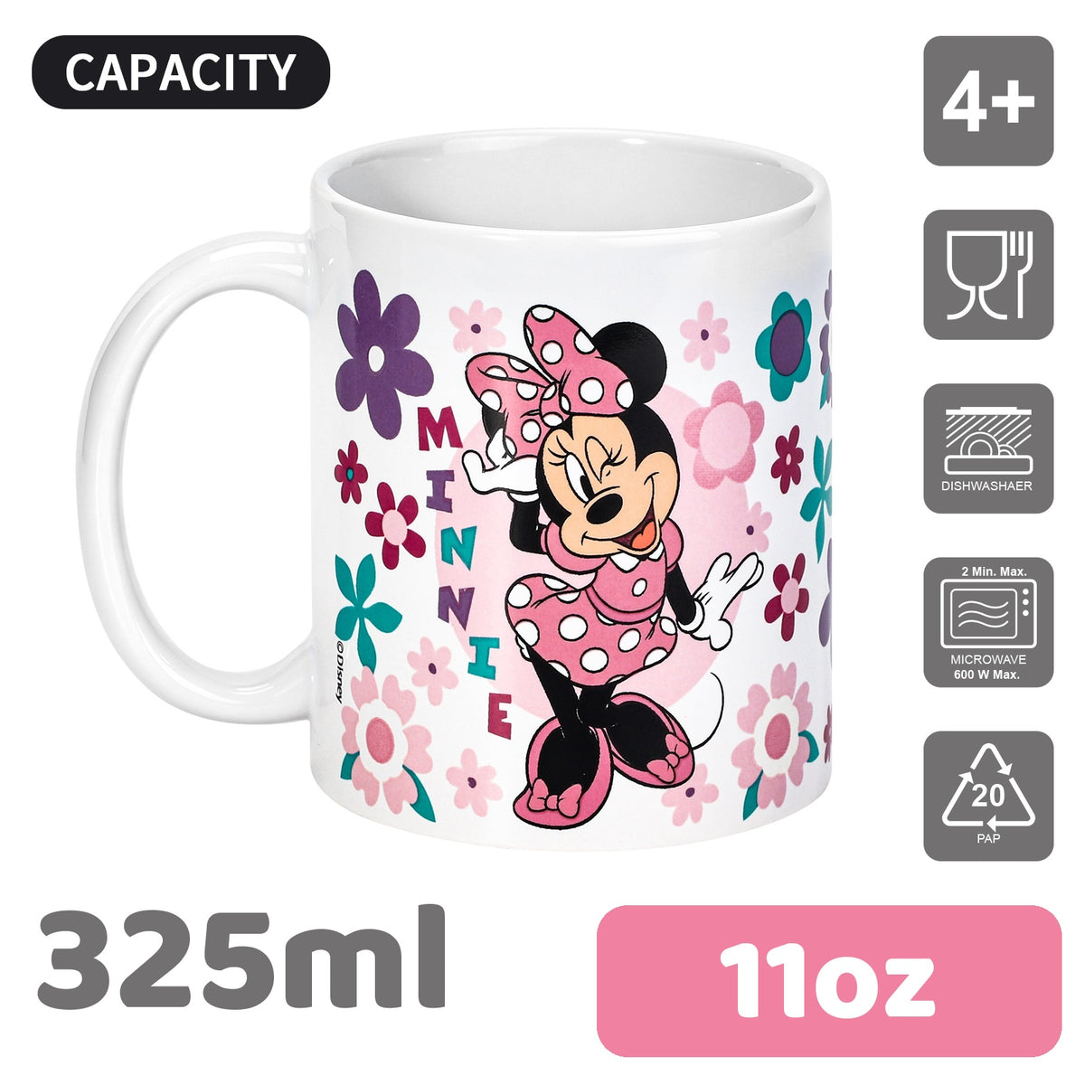 Disney Minnie Mouse 11oz Ceramic Mug – Floral Minnie 325ml Coffee Cup, Dishwasher & Microwave Safe, Officially Licensed Gift for Kids & Adults