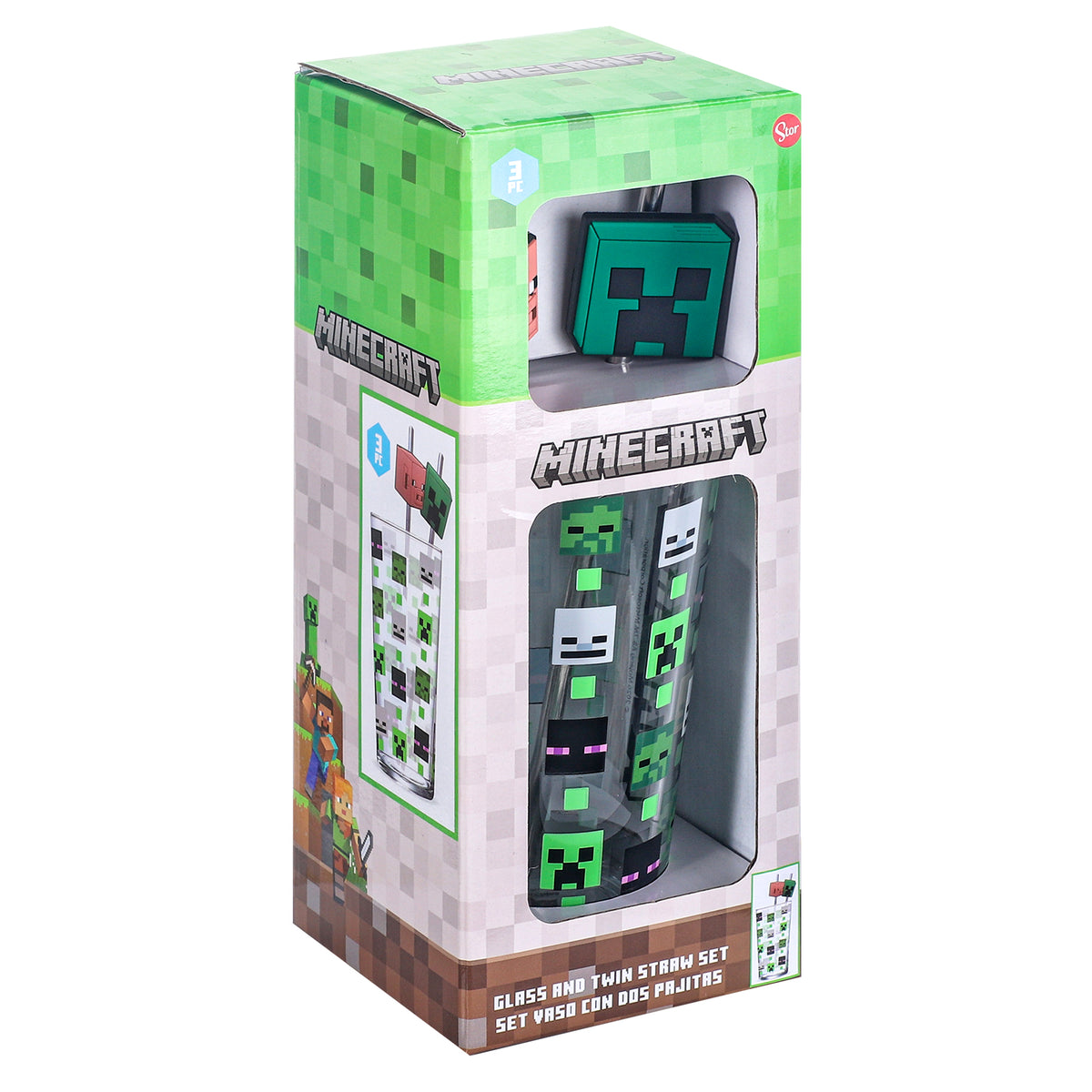 Minecraft 480ml Glass and Twin Straw Set, 16.9oz Drinking Glass with 2 Reusable Metal Straws, Officially Licensed 3-Piece Kids Set