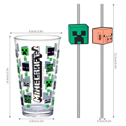 Minecraft 480ml Glass and Twin Straw Set, 16.9oz Drinking Glass with 2 Reusable Metal Straws, Officially Licensed 3-Piece Kids Set