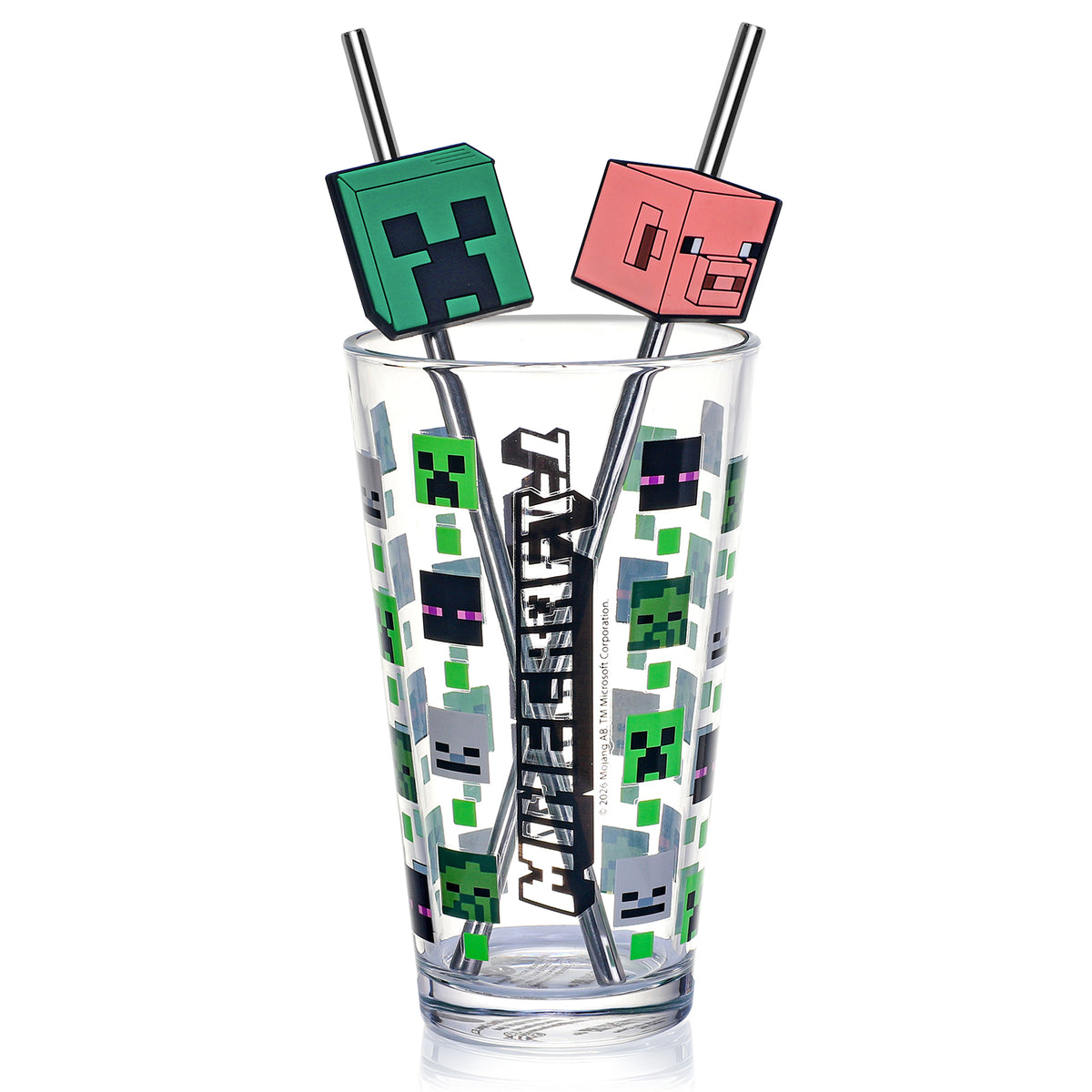 Minecraft 480ml Glass and Twin Straw Set, 16.9oz Drinking Glass with 2 Reusable Metal Straws, Officially Licensed 3-Piece Kids Set