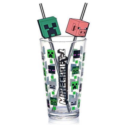 Minecraft 480ml Glass and Twin Straw Set, 16.9oz Drinking Glass with 2 Reusable Metal Straws, Officially Licensed 3-Piece Kids Set