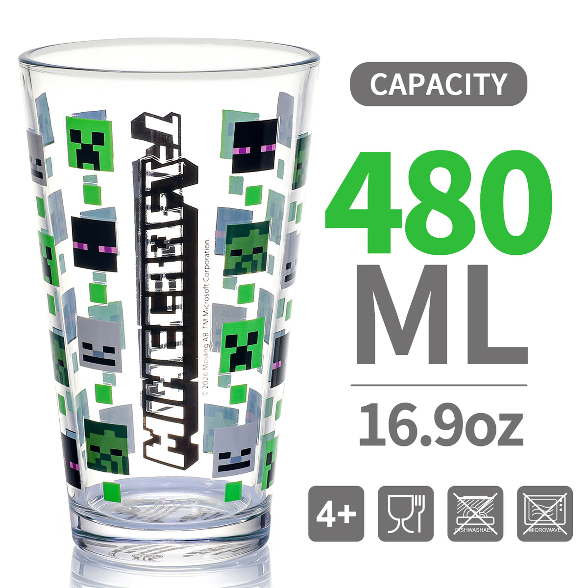 Minecraft 480ml Glass and Twin Straw Set, 16.9oz Drinking Glass with 2 Reusable Metal Straws, Officially Licensed 3-Piece Kids Set