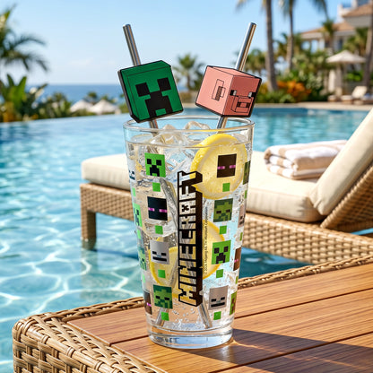 Minecraft 480ml Glass and Twin Straw Set, 16.9oz Drinking Glass with 2 Reusable Metal Straws, Officially Licensed 3-Piece Kids Set
