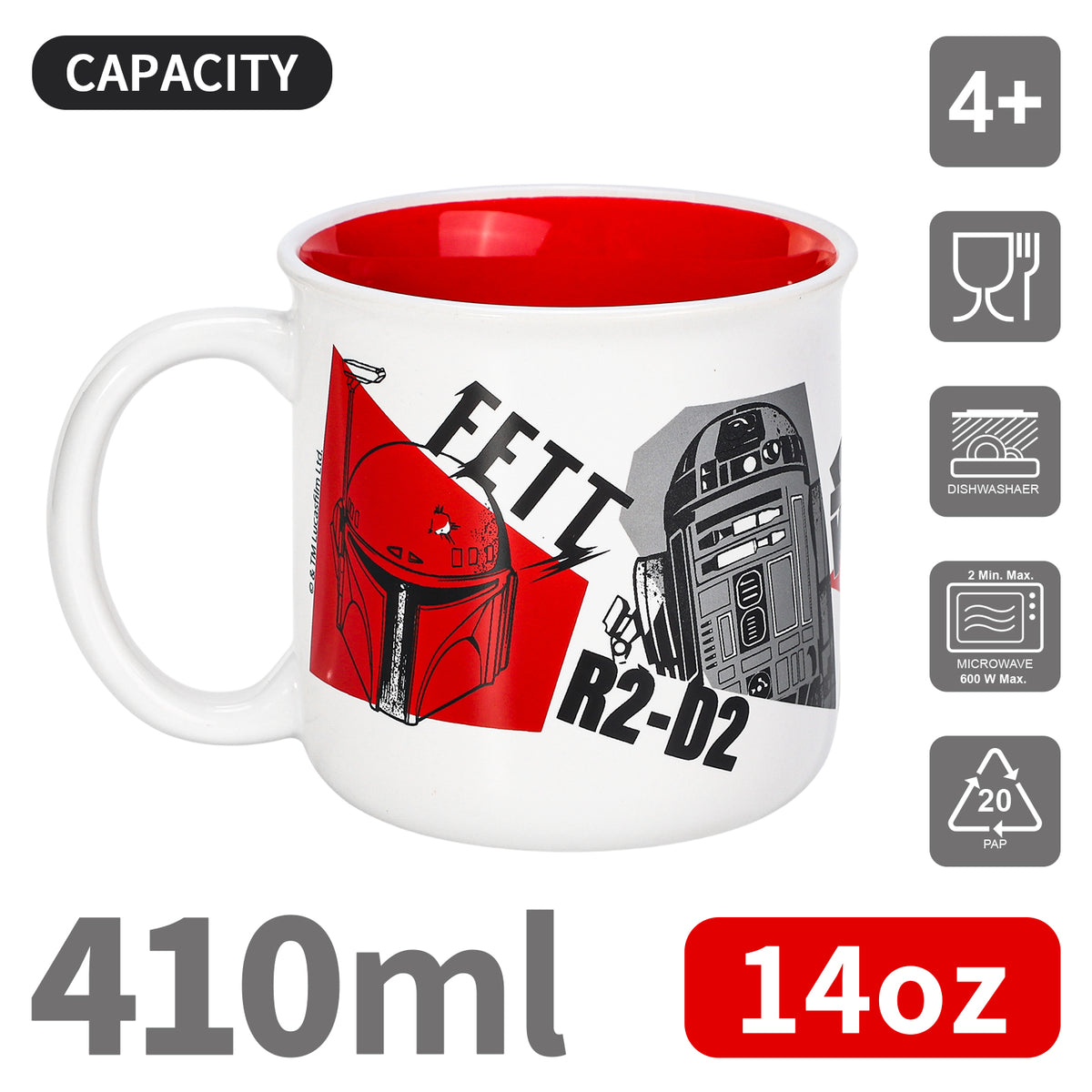 Star Wars 14oz Ceramic Mug – Darth Vader, Yoda, Boba Fett & R2-D2 410ml Coffee Cup, Dishwasher & Microwave Safe, Officially Licensed Gift for Kids & Adults