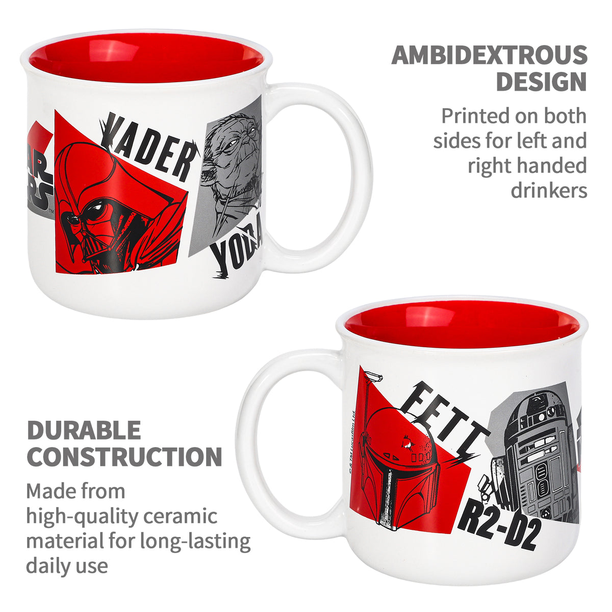 Star Wars 14oz Ceramic Mug – Darth Vader, Yoda, Boba Fett & R2-D2 410ml Coffee Cup, Dishwasher & Microwave Safe, Officially Licensed Gift for Kids & Adults