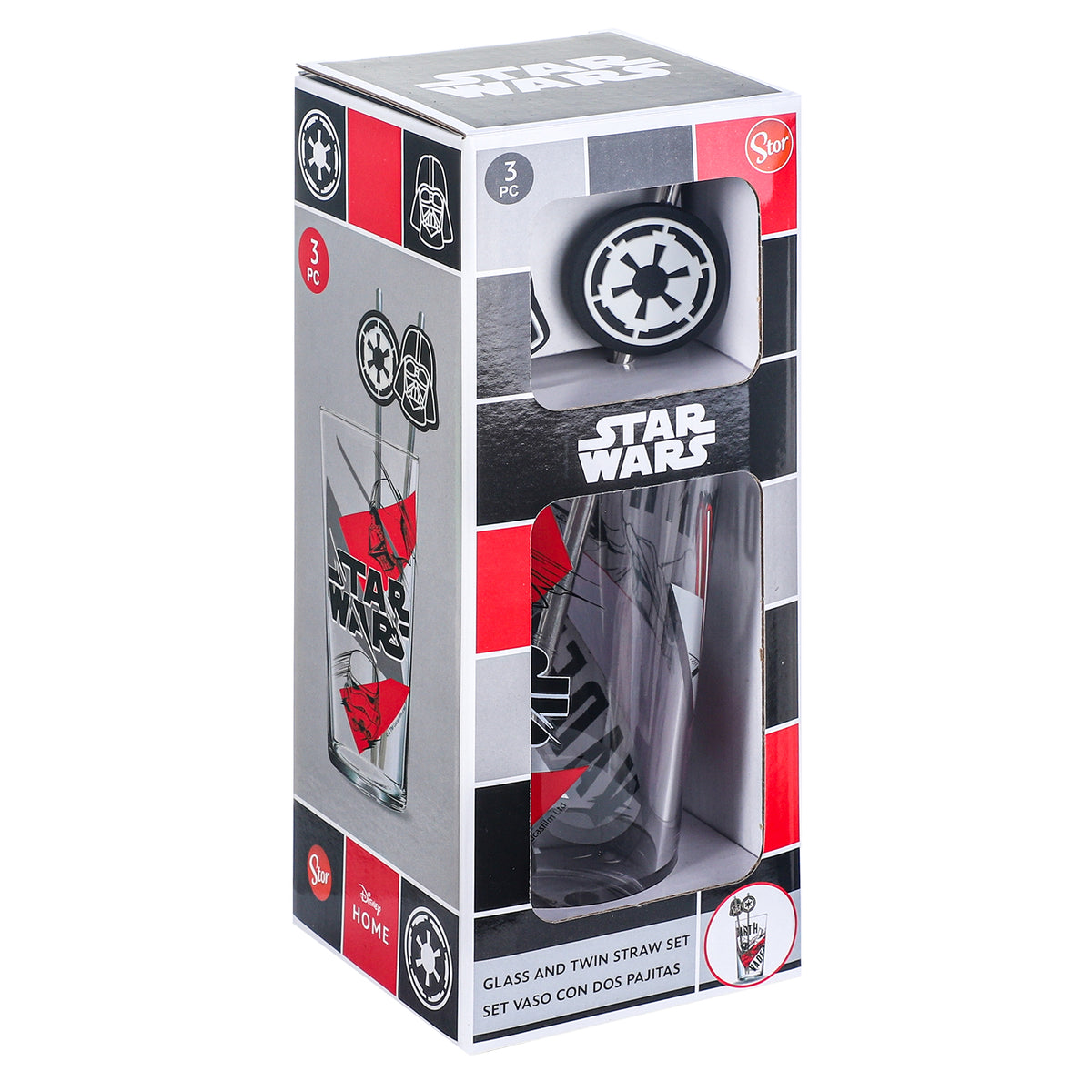Star Wars 480ml Glass and Twin Straw Set, 16.9oz Darth Vader Drinking Glass with 2 Reusable Metal Straws, Officially Licensed 3-Piece Kids Set