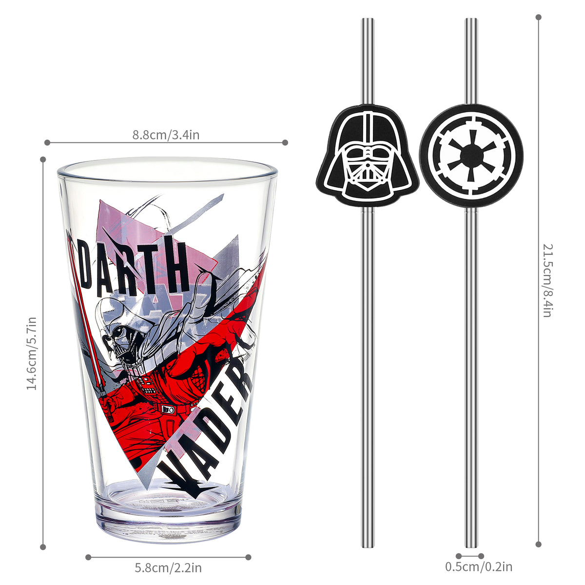 Star Wars 480ml Glass and Twin Straw Set, 16.9oz Darth Vader Drinking Glass with 2 Reusable Metal Straws, Officially Licensed 3-Piece Kids Set
