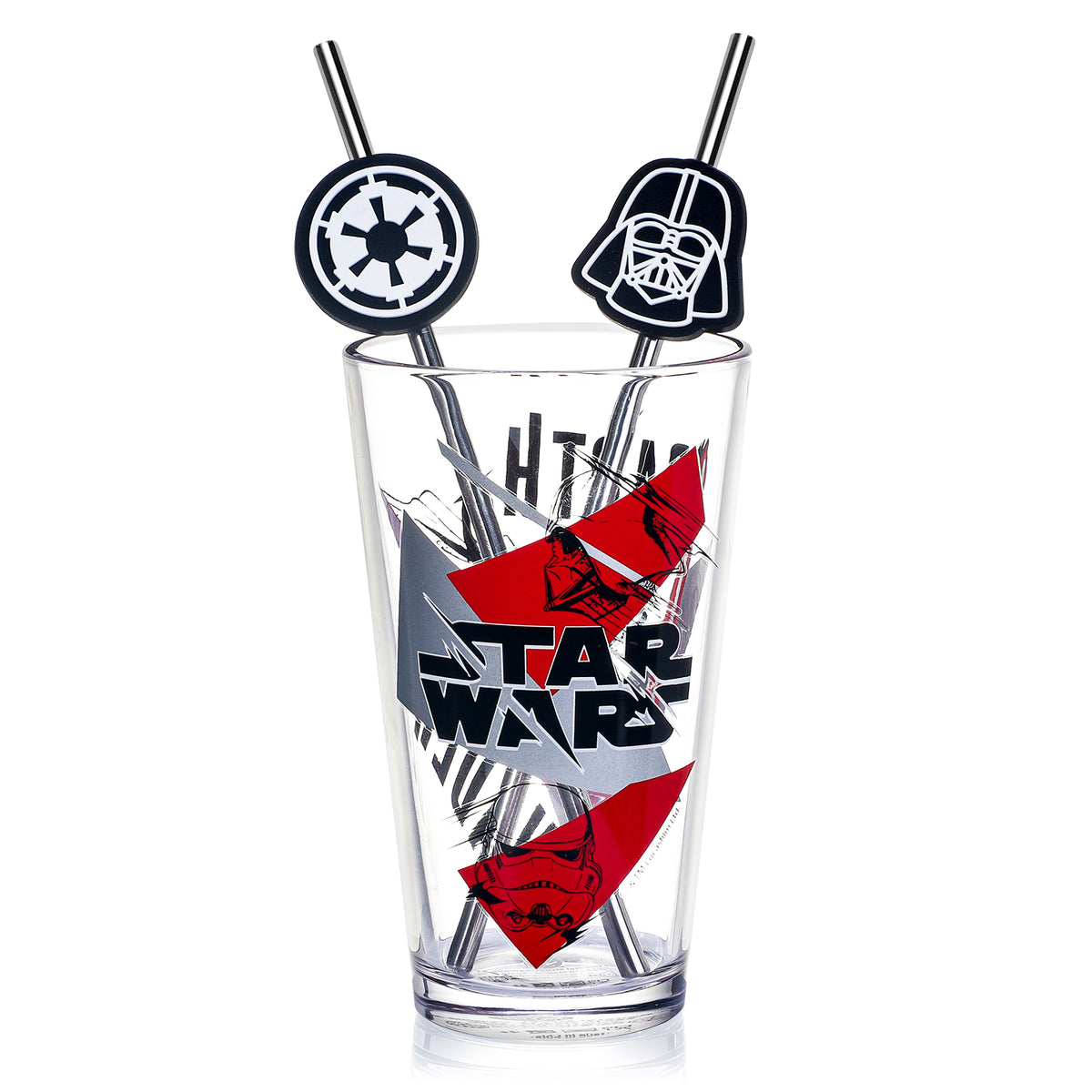 Star Wars 480ml Glass and Twin Straw Set, 16.9oz Darth Vader Drinking Glass with 2 Reusable Metal Straws, Officially Licensed 3-Piece Kids Set