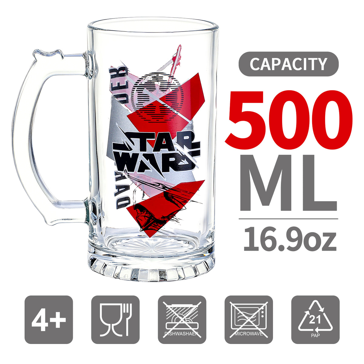 Star Wars 500ml Darth Vader Glass Beer Mug, 16.9oz Tankard Stein with Handle, Officially Licensed Glassware
