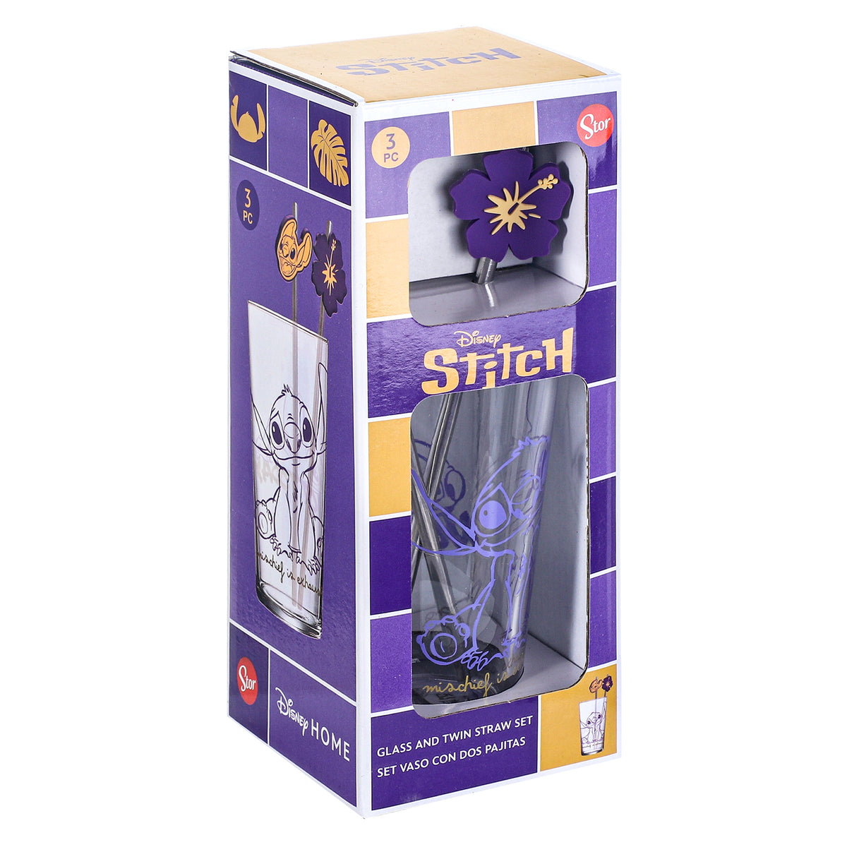 Disney Stitch 480ml Glass and Twin Straw Set, 16.9oz Drinking Glass with 2 Reusable Metal Straws, Officially Licensed 3-Piece Kids Set