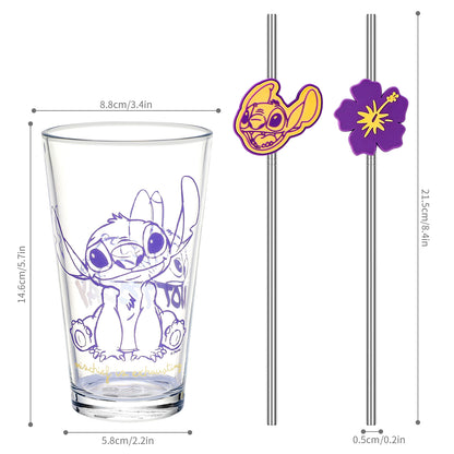 Disney Stitch 480ml Glass and Twin Straw Set, 16.9oz Drinking Glass with 2 Reusable Metal Straws, Officially Licensed 3-Piece Kids Set