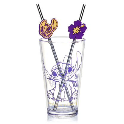 Disney Stitch 480ml Glass and Twin Straw Set, 16.9oz Drinking Glass with 2 Reusable Metal Straws, Officially Licensed 3-Piece Kids Set