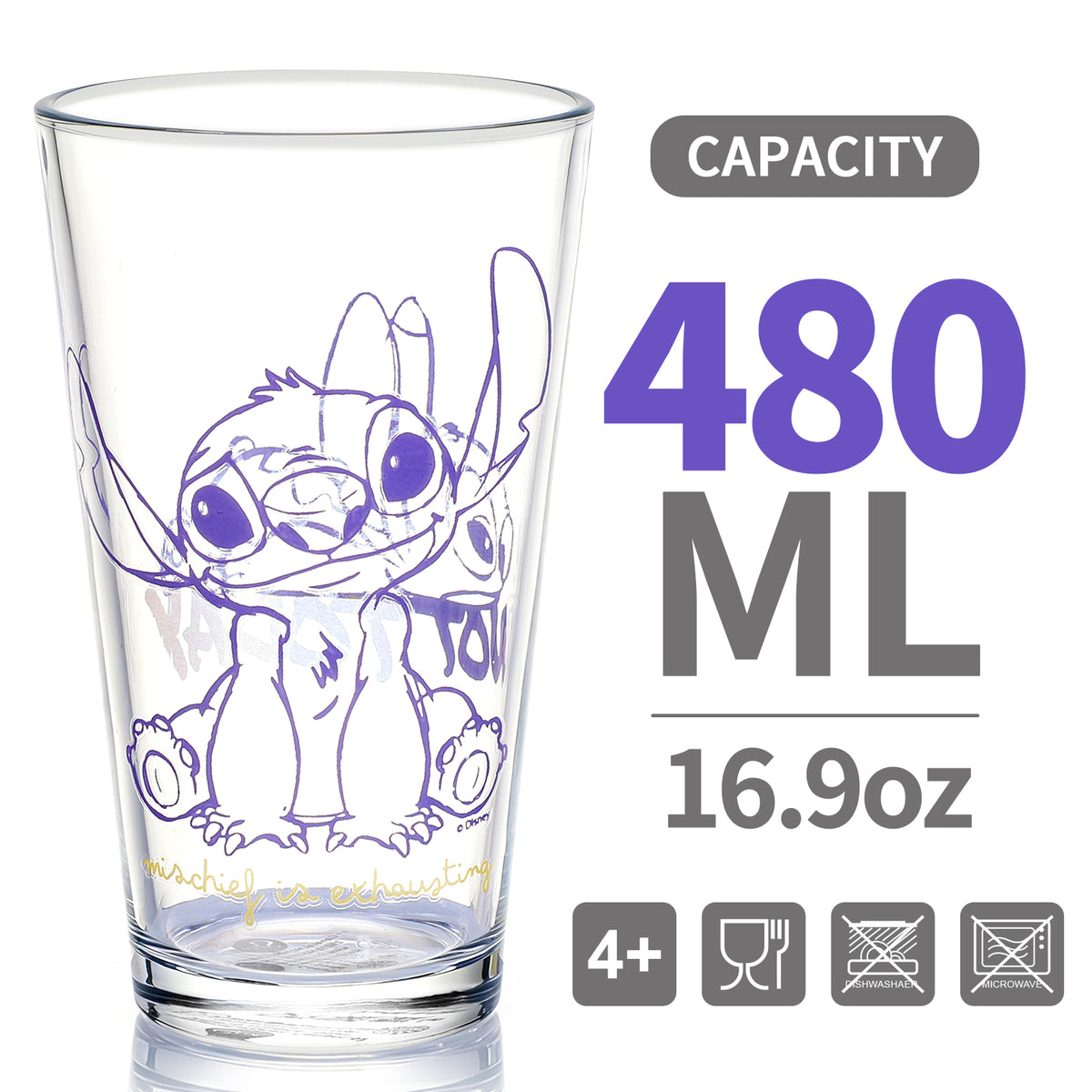 Disney Stitch 480ml Glass and Twin Straw Set, 16.9oz Drinking Glass with 2 Reusable Metal Straws, Officially Licensed 3-Piece Kids Set