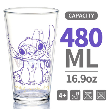 Disney Stitch 480ml Glass and Twin Straw Set, 16.9oz Drinking Glass with 2 Reusable Metal Straws, Officially Licensed 3-Piece Kids Set
