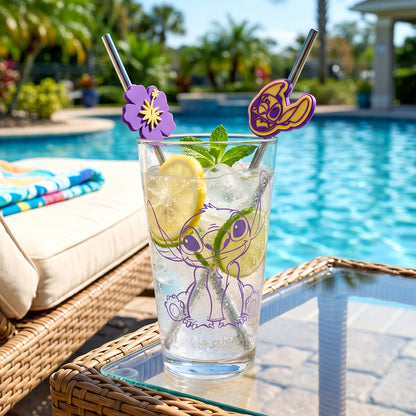 Disney Stitch 480ml Glass and Twin Straw Set, 16.9oz Drinking Glass with 2 Reusable Metal Straws, Officially Licensed 3-Piece Kids Set