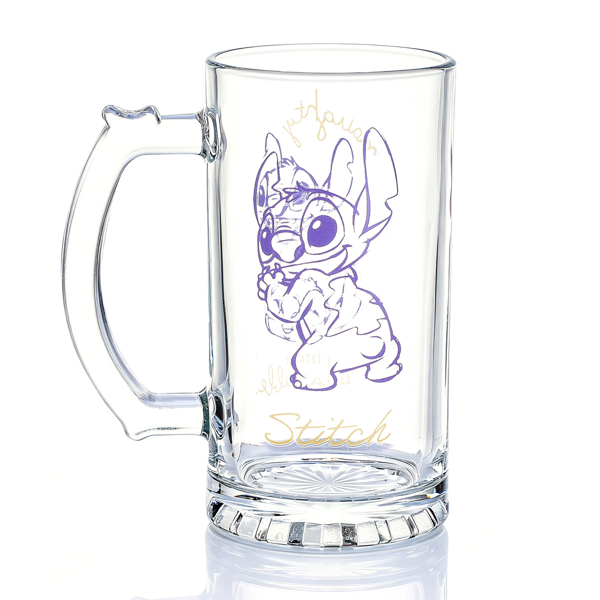 Disney Stitch 500ml Glass Beer Mug, 16.9oz Naughty But Totally Adorable Tankard Stein with Handle, Officially Licensed Glassware