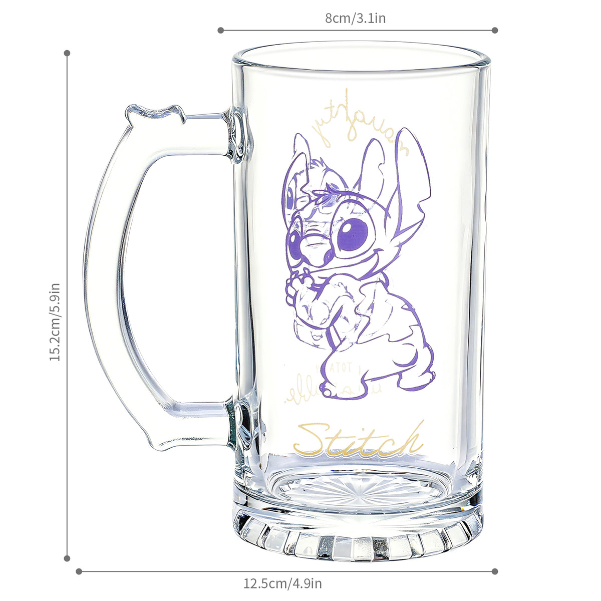 Disney Stitch 500ml Glass Beer Mug, 16.9oz Naughty But Totally Adorable Tankard Stein with Handle, Officially Licensed Glassware