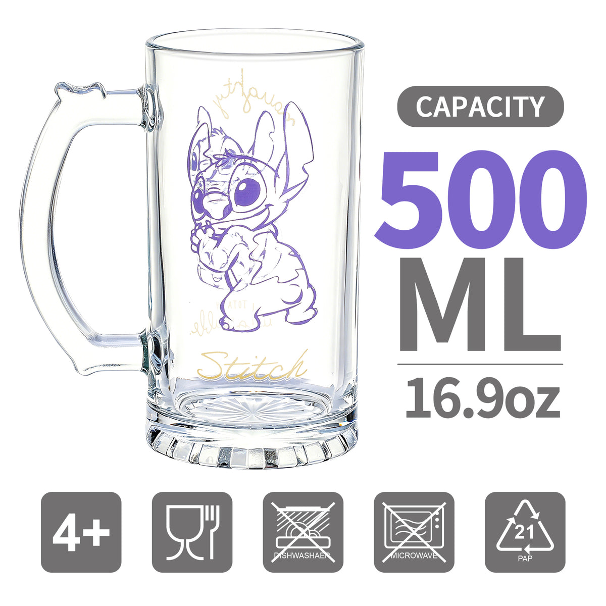 Disney Stitch 500ml Glass Beer Mug, 16.9oz Naughty But Totally Adorable Tankard Stein with Handle, Officially Licensed Glassware