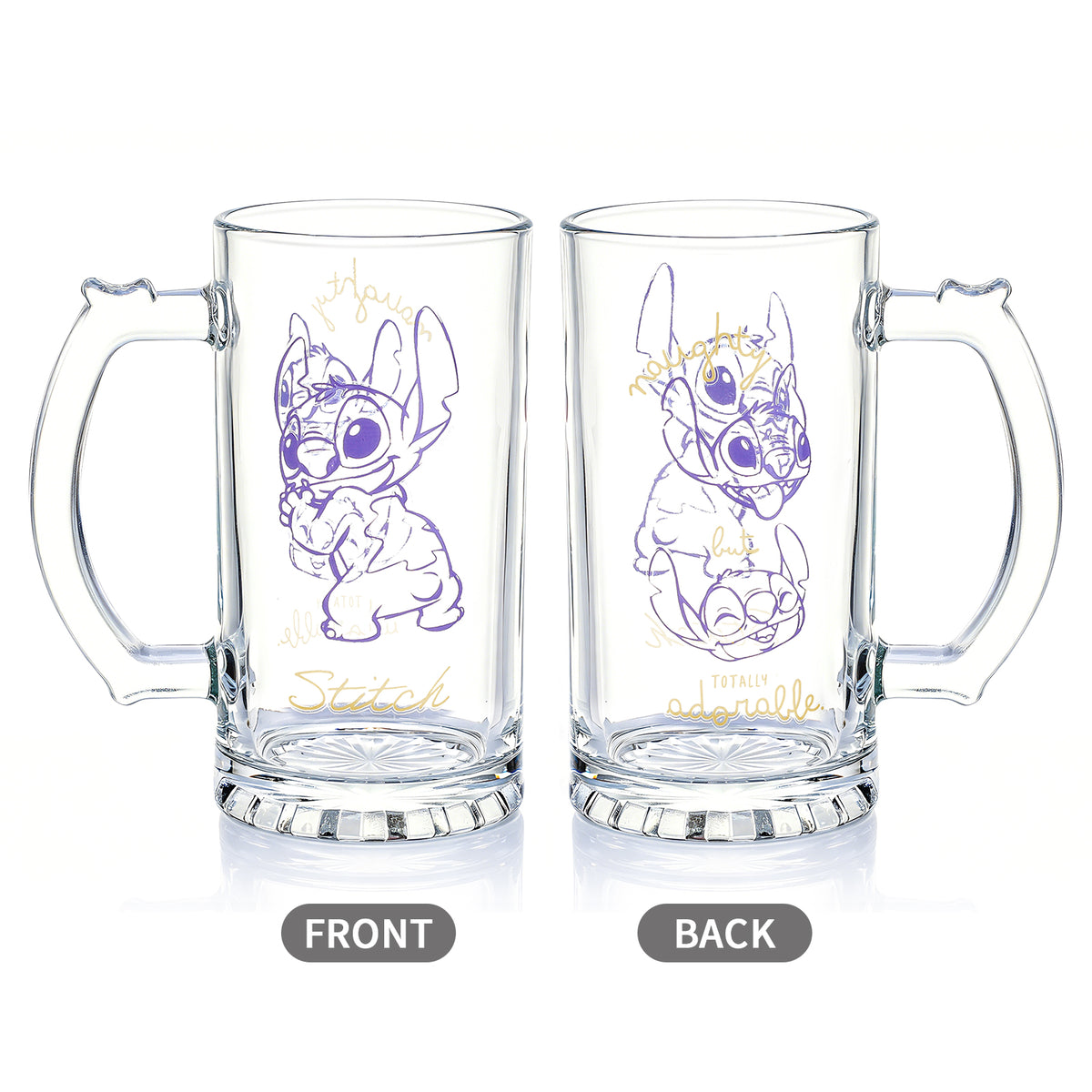 Disney Stitch 500ml Glass Beer Mug, 16.9oz Naughty But Totally Adorable Tankard Stein with Handle, Officially Licensed Glassware