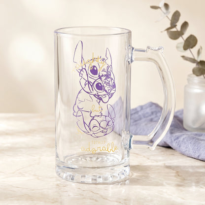 Disney Stitch 500ml Glass Beer Mug, 16.9oz Naughty But Totally Adorable Tankard Stein with Handle, Officially Licensed Glassware