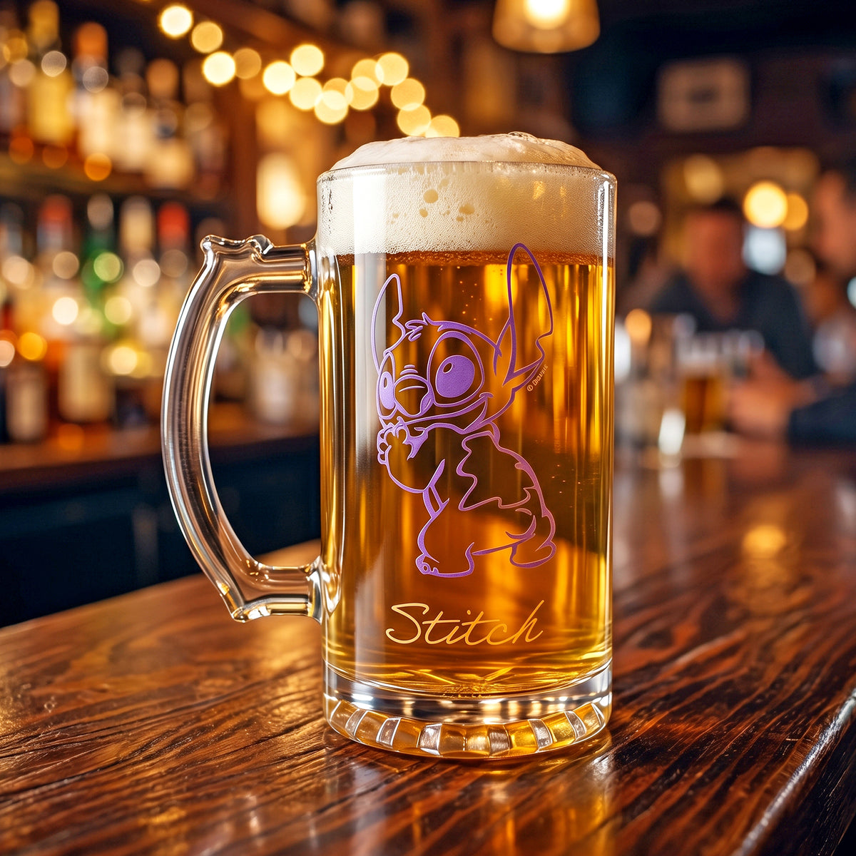 Disney Stitch 500ml Glass Beer Mug, 16.9oz Naughty But Totally Adorable Tankard Stein with Handle, Officially Licensed Glassware
