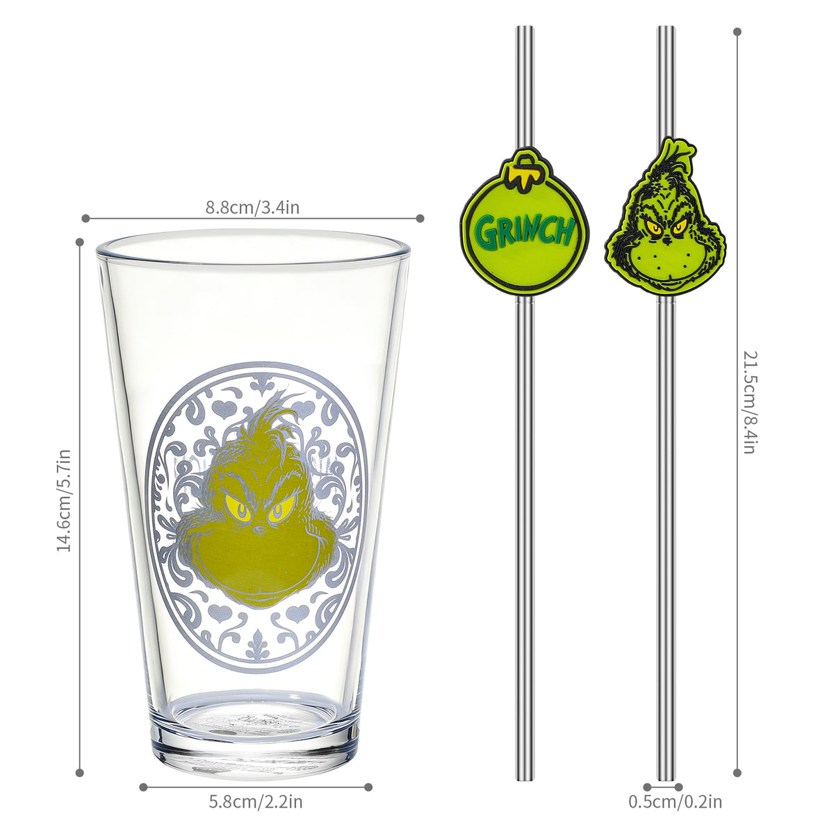 The Grinch 480ml Glass and Twin Straw Set, 16.9oz Dr. Seuss Christmas Drinking Glass with 2 Reusable Metal Straws, Officially Licensed 3-Piece Kids Set