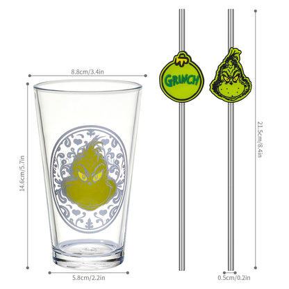 The Grinch 480ml Glass and Twin Straw Set, 16.9oz Dr. Seuss Christmas Drinking Glass with 2 Reusable Metal Straws, Officially Licensed 3-Piece Kids Set