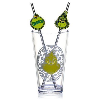 The Grinch 480ml Glass and Twin Straw Set, 16.9oz Dr. Seuss Christmas Drinking Glass with 2 Reusable Metal Straws, Officially Licensed 3-Piece Kids Set