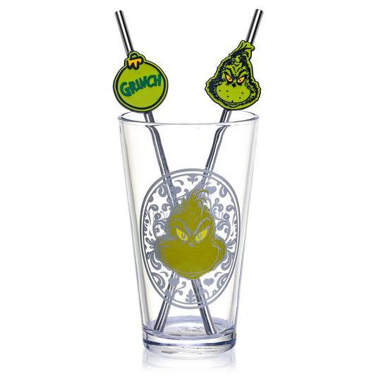 The Grinch 480ml Glass and Twin Straw Set, 16.9oz Dr. Seuss Christmas Drinking Glass with 2 Reusable Metal Straws, Officially Licensed 3-Piece Kids Set