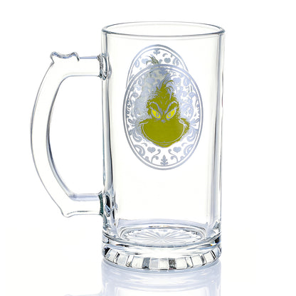 The Grinch 500ml Glass Beer Mug, 16.9oz Decorative Frame Tankard Stein with Handle, Officially Licensed Christmas Glassware