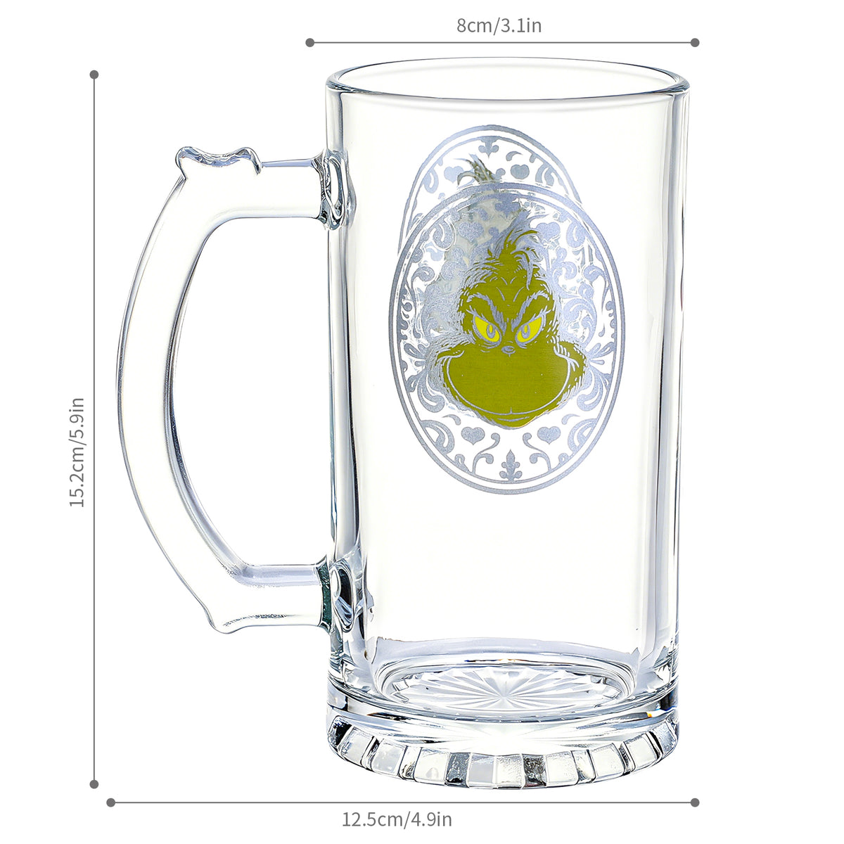 The Grinch 500ml Glass Beer Mug, 16.9oz Decorative Frame Tankard Stein with Handle, Officially Licensed Christmas Glassware