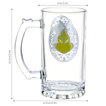 The Grinch 500ml Glass Beer Mug, 16.9oz Decorative Frame Tankard Stein with Handle, Officially Licensed Christmas Glassware