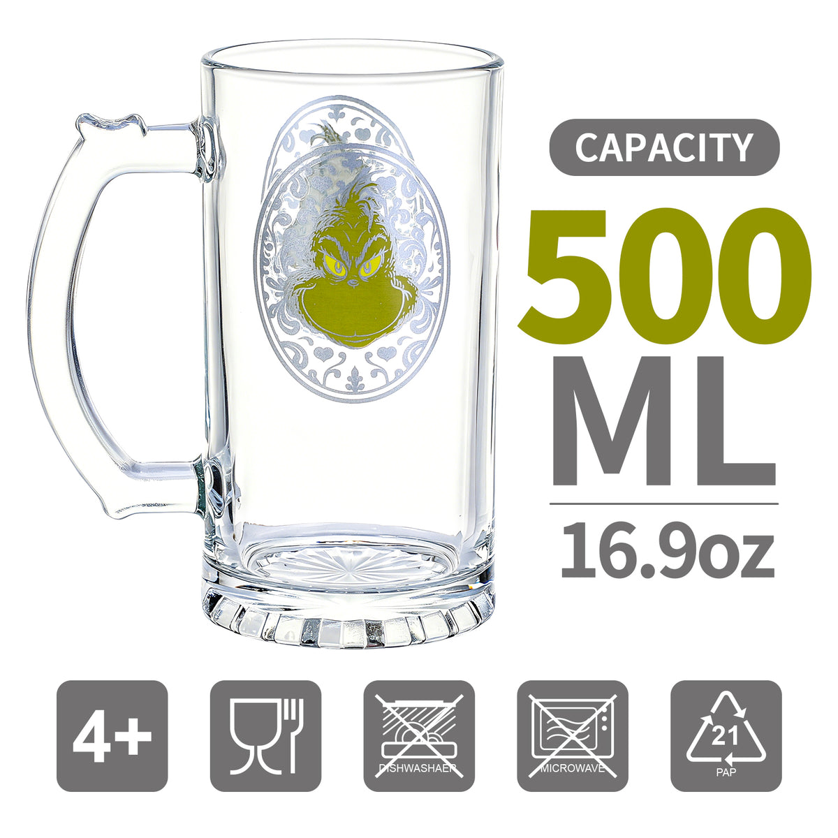The Grinch 500ml Glass Beer Mug, 16.9oz Decorative Frame Tankard Stein with Handle, Officially Licensed Christmas Glassware