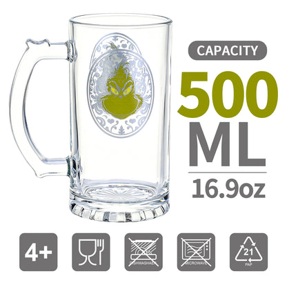 The Grinch 500ml Glass Beer Mug, 16.9oz Decorative Frame Tankard Stein with Handle, Officially Licensed Christmas Glassware