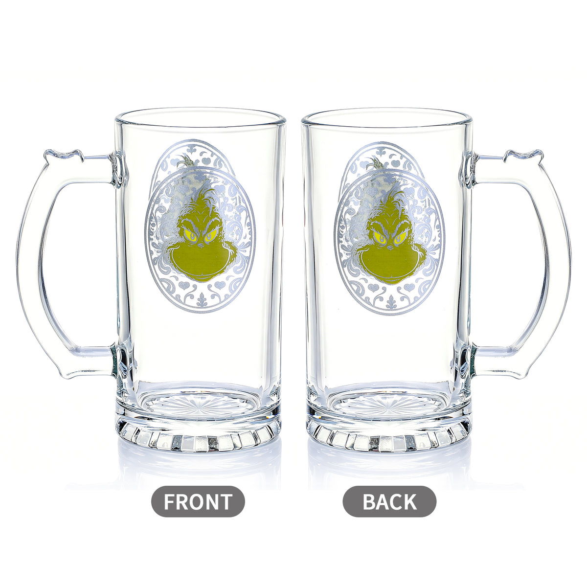 The Grinch 500ml Glass Beer Mug, 16.9oz Decorative Frame Tankard Stein with Handle, Officially Licensed Christmas Glassware