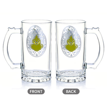 The Grinch 500ml Glass Beer Mug, 16.9oz Decorative Frame Tankard Stein with Handle, Officially Licensed Christmas Glassware