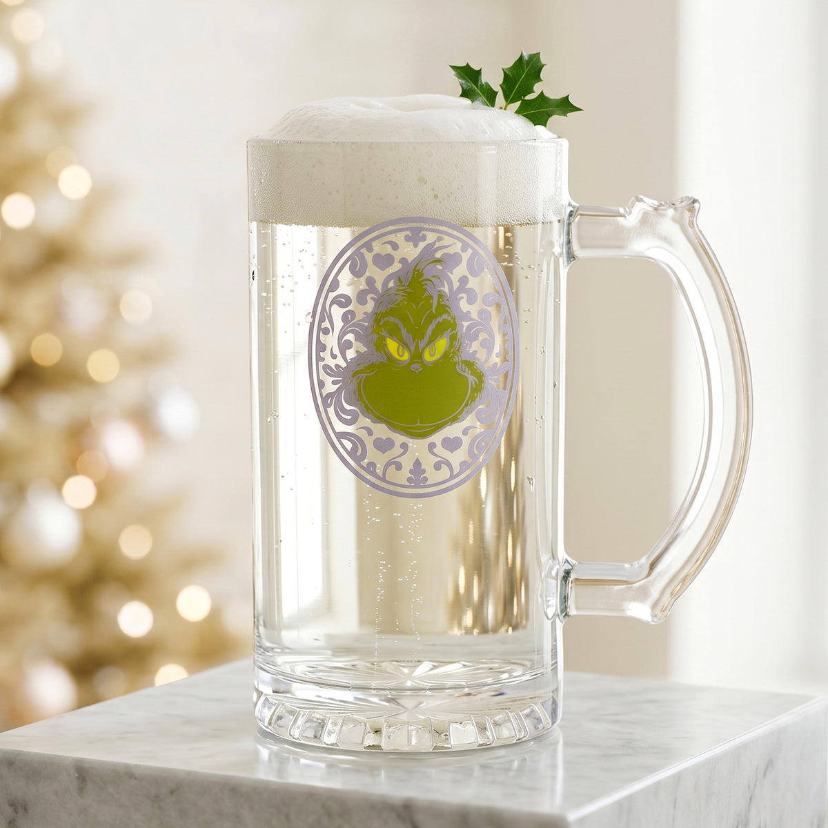 The Grinch 500ml Glass Beer Mug, 16.9oz Decorative Frame Tankard Stein with Handle, Officially Licensed Christmas Glassware