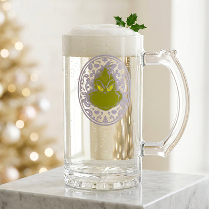 The Grinch 500ml Glass Beer Mug, 16.9oz Decorative Frame Tankard Stein with Handle, Officially Licensed Christmas Glassware